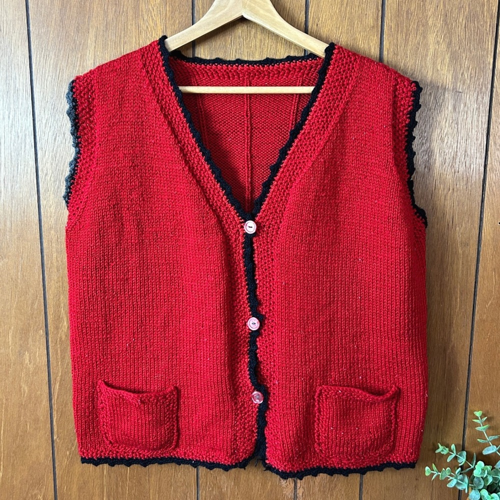 Hand Knitted Red Button Front‎ Sleeveless Vest with Pockets Cottagecore Grandma